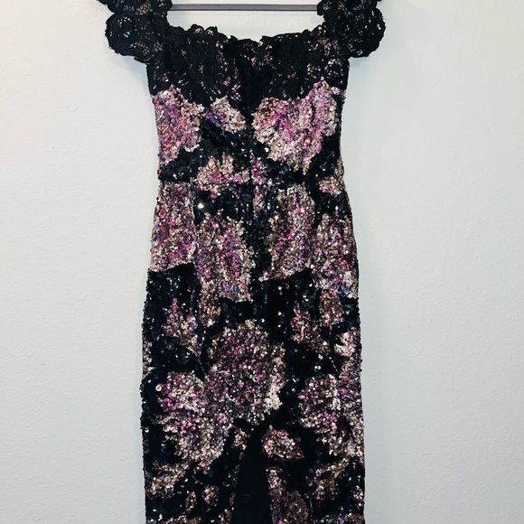 MARCHESA NOTTE dress black pink 8 floral sequin lace off the shoulder formal - Picture 7 of 16